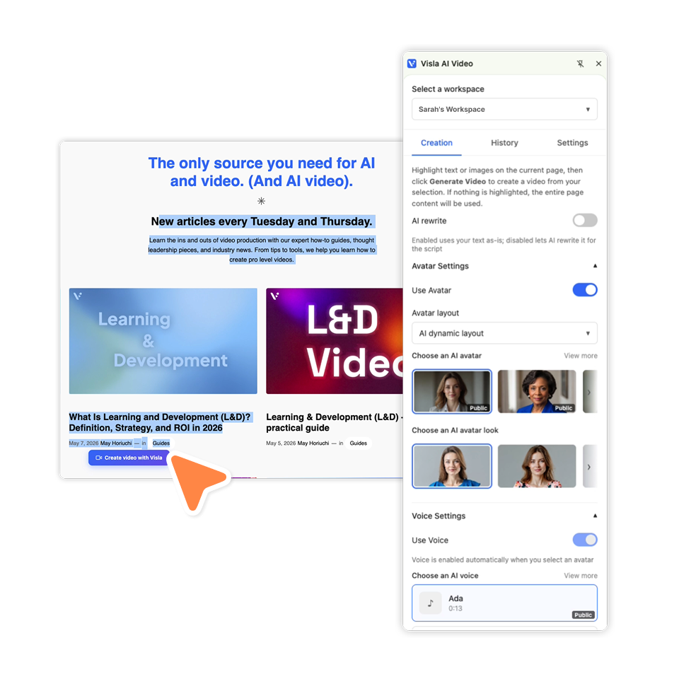 Choose a full webpage or selected text and images to create a video
